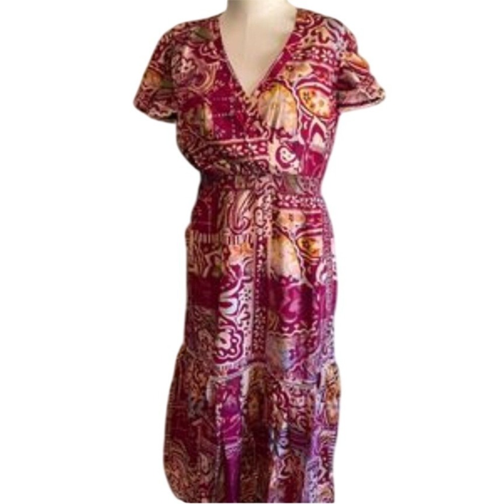 Indigo Thread Co Boho Maxi Dress Burgundy Paisley‎ Print Flutter Sleeve XL NWOT